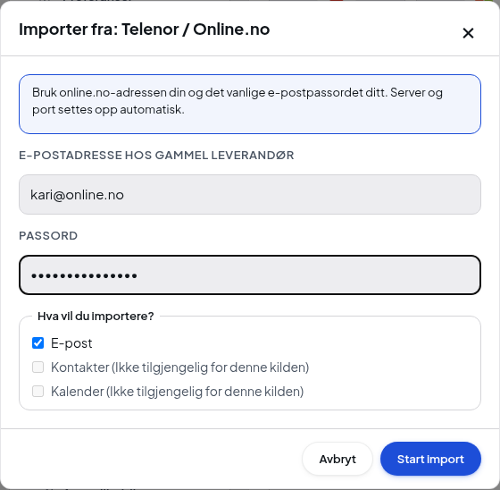 Skriv inn Online.no-adresse og passord